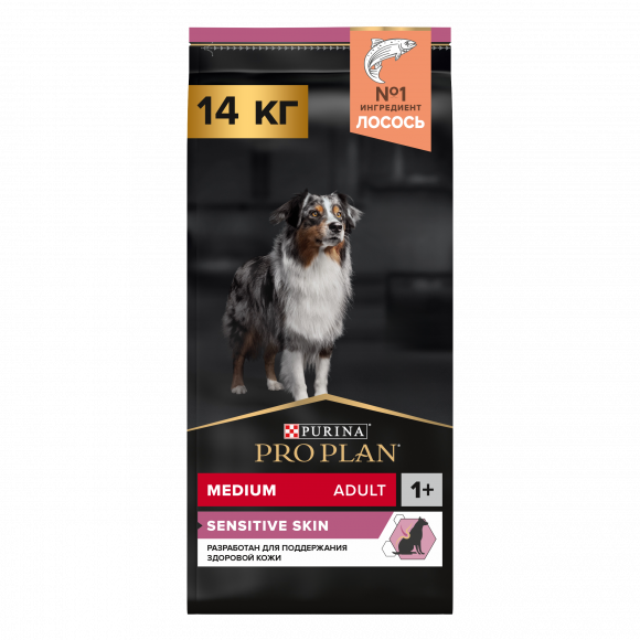 Корм Purina Pro Plan SENSITIVE SKIN для взрослых собак средних пород с чувствительной кожей с лососем, 14 кг