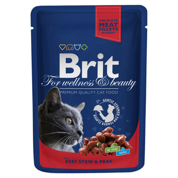 Влажный корм Brit Premium для кошек (пауч) Говядина и горошек 100гр