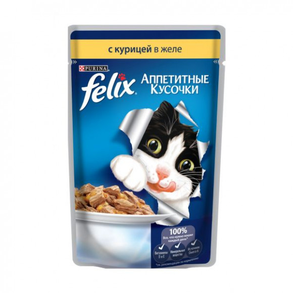 Влажный корм Purina Felix для кошек Аппетитные кусочки с курицей в желе пауч 85гр