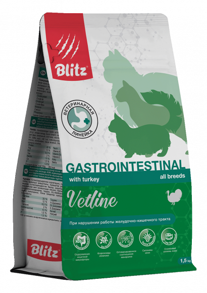 Ветеринарный влажный корм Blitz Vetline для кошек при расстройствах пищеварения Gastrointestinal, 1,5 кг