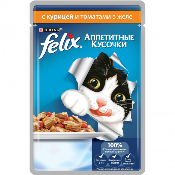 Влажный корм Purina Felix для кошек Аппетитные кусочки с курицей и томатами в желе 85гр