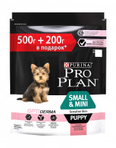 АКЦИЯ!!! Корм Purina Pro Plan для щенков мелких и карликовых пород с чувствительной кожей, лосось с рисом, 500г + 200г в подарок!