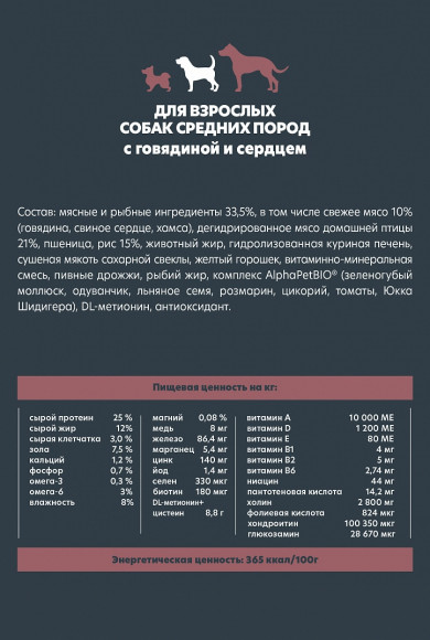УЦЕНКА!!! Корм AlphaPet WOW для собак средних пород (говядина и сердце) 15 кг (БРАК УПАКОВКИ)