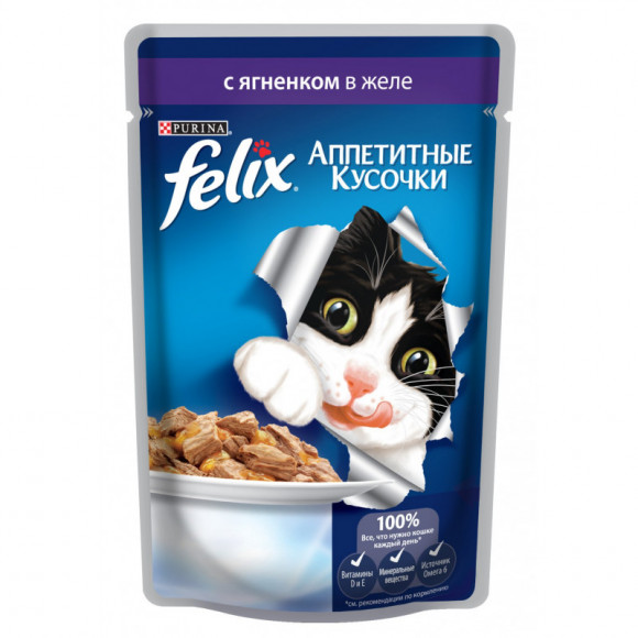 Влажный корм Purina Felix для кошек Аппетитные кусочки с ягненком в желе пауч 85гр