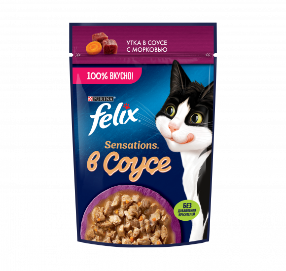 Влажный корм Purina Felix Sensations для кошек в соусе, утка и морковь, 75гр