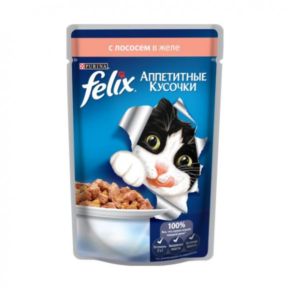 Влажный корм Purina Felix для кошек Аппетитные кусочки c лососем в желе пауч 85гр