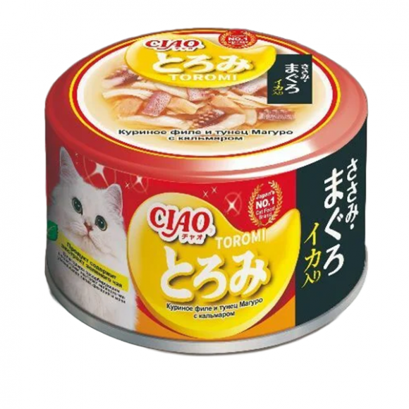 Консервы INABA Ciao Toromi для кошек (КУРИЦА, ТУНЕЦ МАГУРО, КАЛЬМАР В БУЛЬОНЕ), 80 г