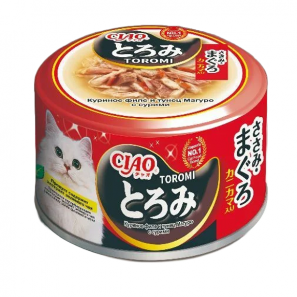 Консервы INABA Ciao Toromi для кошек (КУРИЦА, ТУНЕЦ МАГУРО, СУРИМИ В БУЛЬОНЕ), 80 г Консервы INABA Ciao Toromi для кошек (КУРИЦА, ТУНЕЦ МАГУРО, СУРИМИ В БУЛЬОНЕ), 80 г