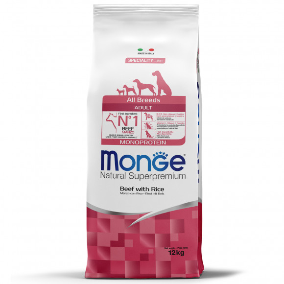 Корм Monge Dog Speciality Line Monoprotein для собак всех пород говядина с рисом 12кг