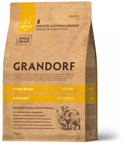 Корм GRANDORF DOG 4 Meat&Rice Probiotic Mini (4 мяса с рисом и пробиотиками для мини пород) 1 кг