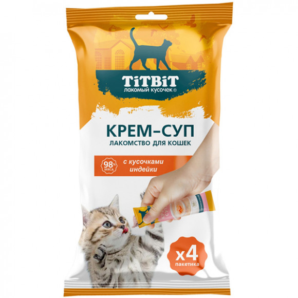 Лакомство TITBIT Крем-суп для кошек с кусочками индейки 10 г, 4шт/уп Лакомство TITBIT Крем-суп для кошек с кусочками индейки 10 г, 4шт/уп