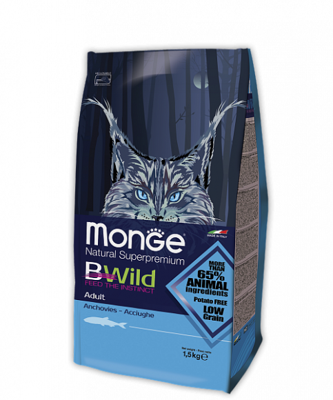 Корм MONGE SUPERPREMIUM BWILD CAT HARE для взрослых кошек с анчоусами 1,5кг