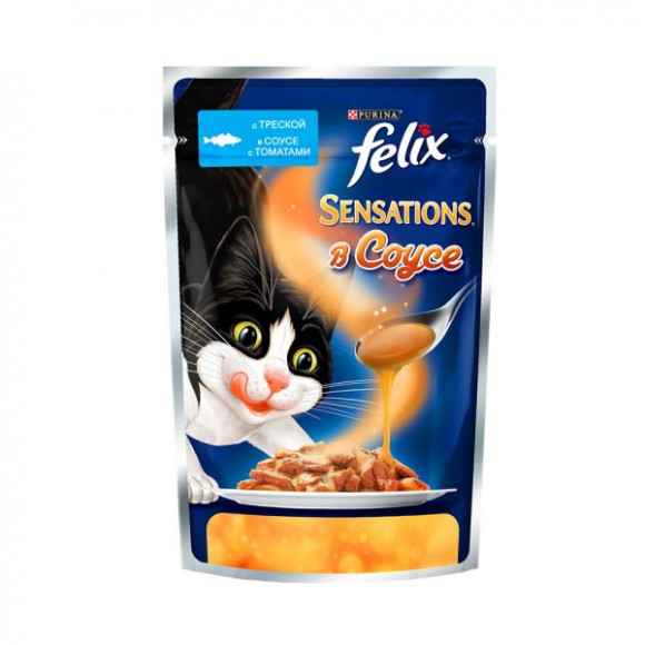Влажный корм Purina Felix Sensations для кошек в Удивительном соусе, треска и томат, пауч, 85гр