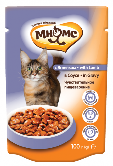 Влажный корм Мнямс для взрослых кошек с ягненком в соусе чувствительное пищеварение 100гр