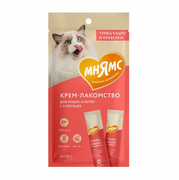 Мнямс Крем-лакомство для кошек с тунцом кацуо и креветками 4шт*15г