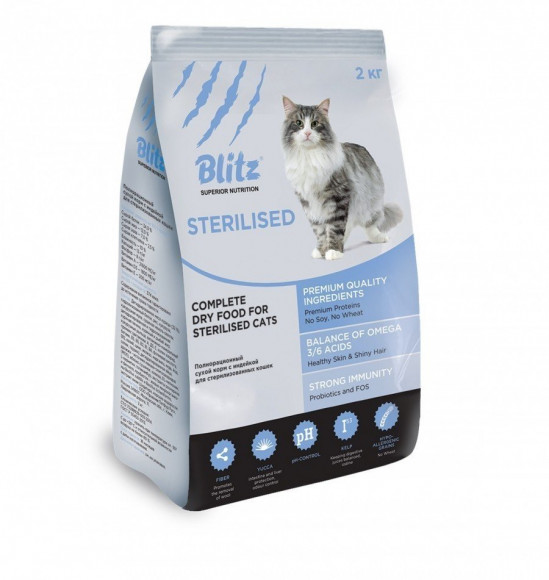 Корм Blitz Sterilised для стерилизованных кошек с индейкой 2кг