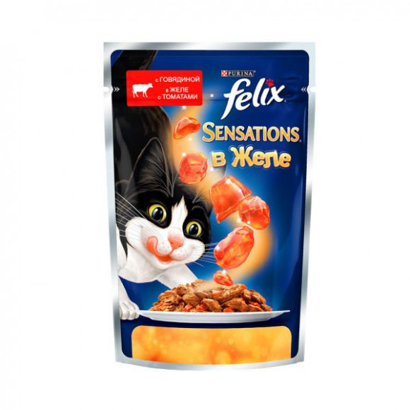 Влажный корм Purina Felix Sensations для кошек с говядиной и томатами в желе пауч 85гр