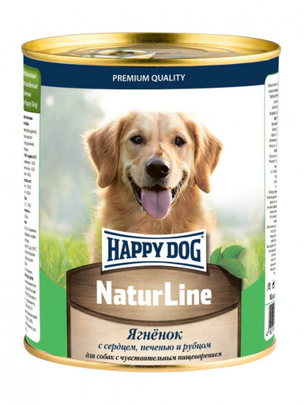 Консервы Happy Dog Natur Line для собак Ягненок печень+сердце+рубец 970гр