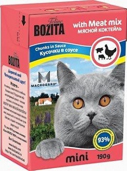 Влажный корм Bozita super premium mini Chunks in Sauce with Meat Mix кусочки в соусе для кошек с мяcным коктейлем 190гр