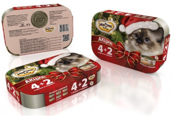 Новогодний набор консервов Мнямс для кошек ассорти на основе курицы 4 + 2 в подарок