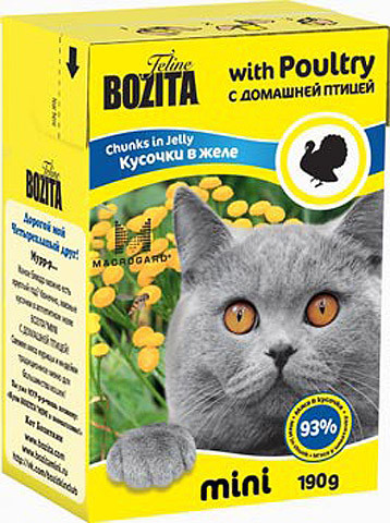Влажный корм Bozita super premium mini Chunks in Jelly with Poultry кусочки в желе для кошек с домашней птицей 190гр