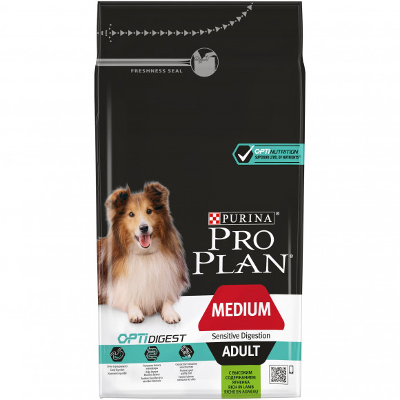 Корм Purina Pro Plan для взрослых собак средних пород с чувствительным пищеварением, ягнёнок с рисом, 1,5 кг
