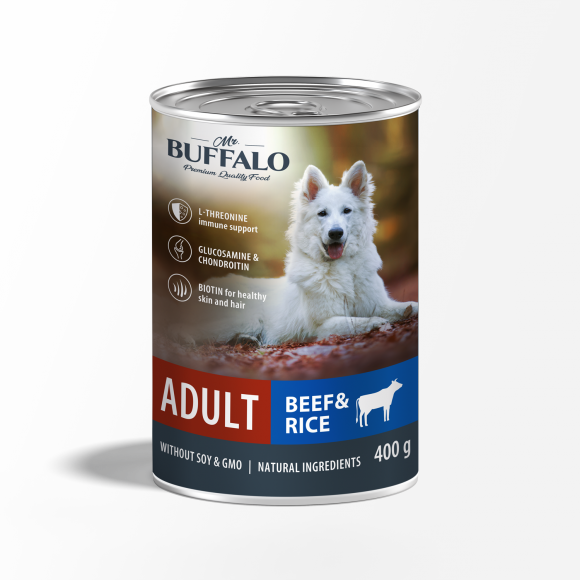 Консервы Mr.Buffalo ADULT для взрослых собак, говядина с рисом, 400гр