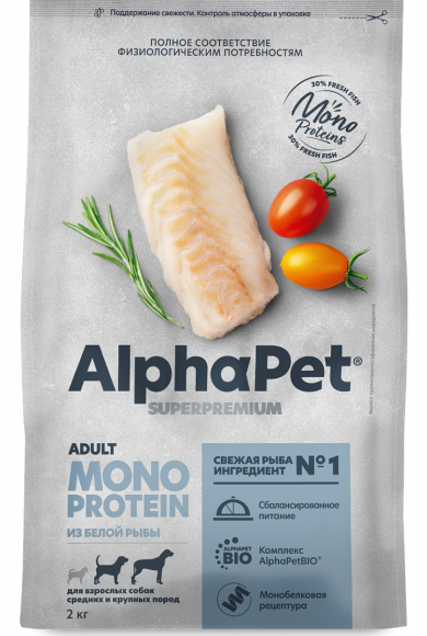 Корм AlphaPet MONOPROTEIN для собак средних и крупных пород, из белой рыбы 12 кг