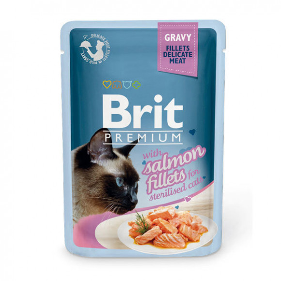 Влажный корм Brit Premium для стерилизованных кошек лосось в соусе (пауч) 85гр
