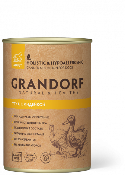 Консервы для собак GRANDORF Duck with Turkey (Утка c Индейкой) 400 гр.