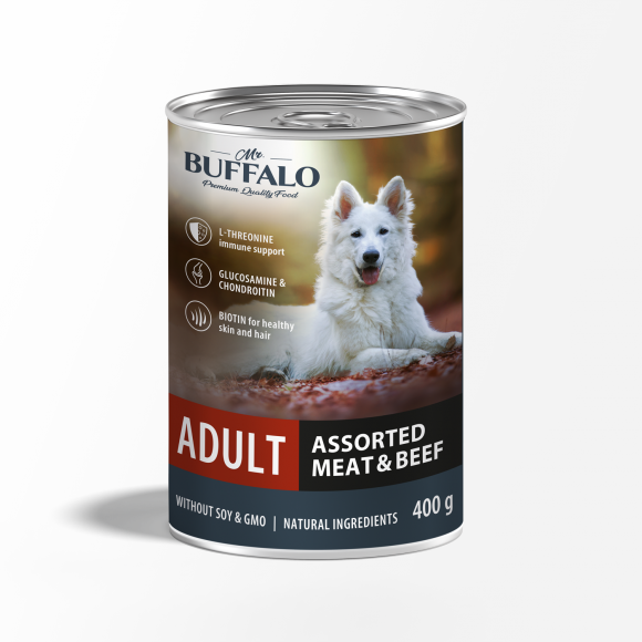 Консервы Mr.Buffalo ADULT для взрослых собак, мясное ассорти с говядиной, 400гр