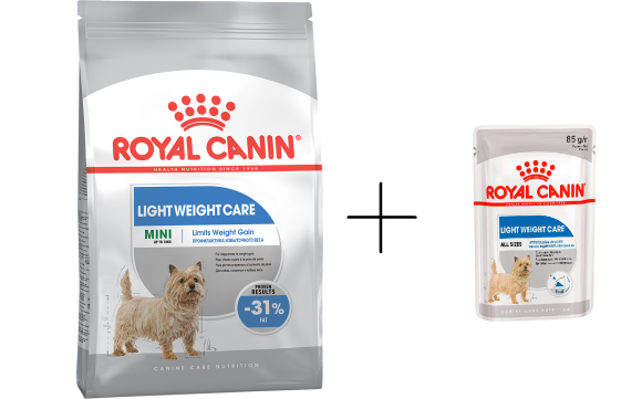 АКЦИЯ!!! Комплект Royal Canin для взрослых собак мелких пород в целях профилактики избыточного веса от 10 мес Mini Light Weight Care 1кг +  1*85гр пауч в подарок!