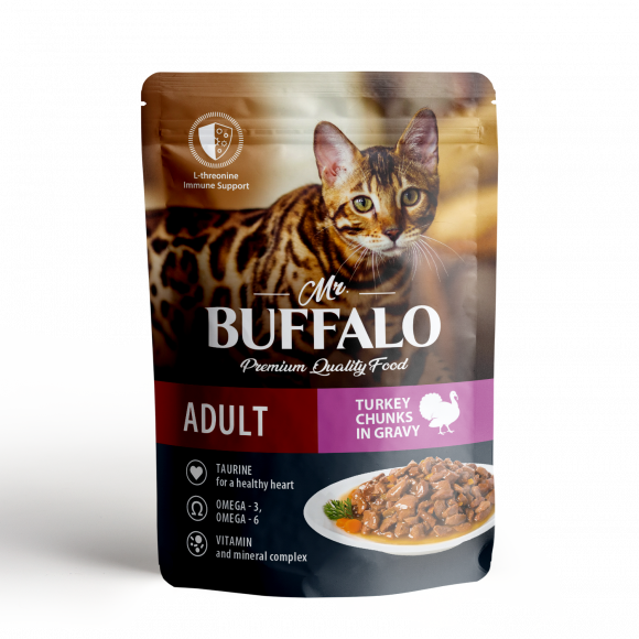 Влажный корм Mr.Buffalo ADULT SENSETIVE для взрослых кошек, индейка в соусе, 85гр