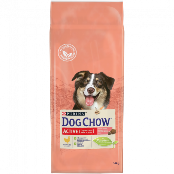 Корм Purina Dog Chow для активных взрослых собак, курица, пакет, 14 кг