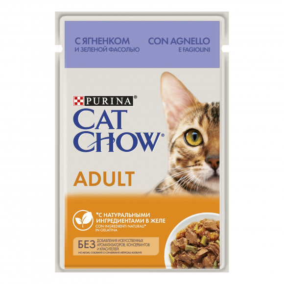 Влажный корм PURINA Cat Chow для взрослых кошек, с ягненком и зеленой фасолью в желе, 85 г