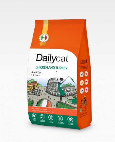 Корм DailyCat Casual Line CHICKEN and TURKEY для взрослых кошек с курицей и индейкой 400гр