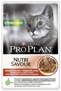 Влажный корм Pro Plan Sterilised для стерилизованных кошек, с говядиной в соусе 85гр