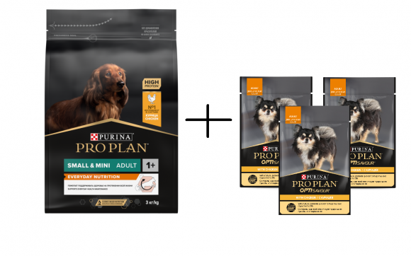 АКЦИЯ!!! Корм Purina Pro Plan для взрослых собак мелких и карликовых пород, курица с рисом, 3 кг + 3 пауча 85гр в подарок!