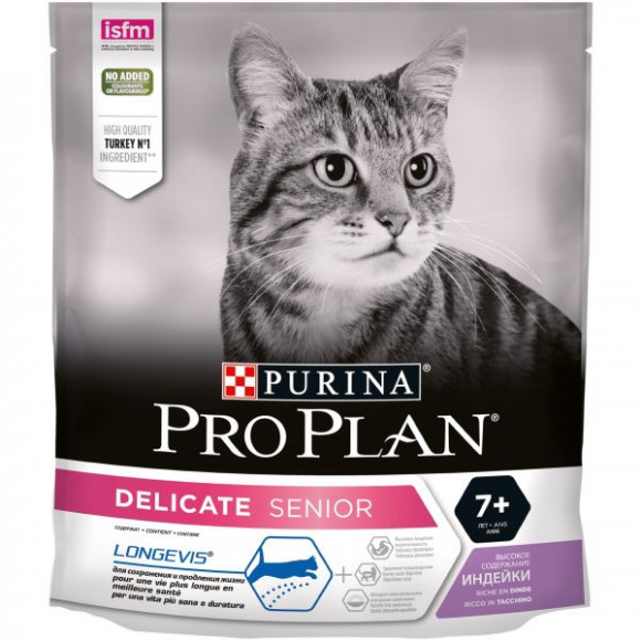 Корм Purina Pro Plan Delicate Senior для взрослых кошек старше 7 лет с чувствительным пищеварением, с индейкой, 400гр