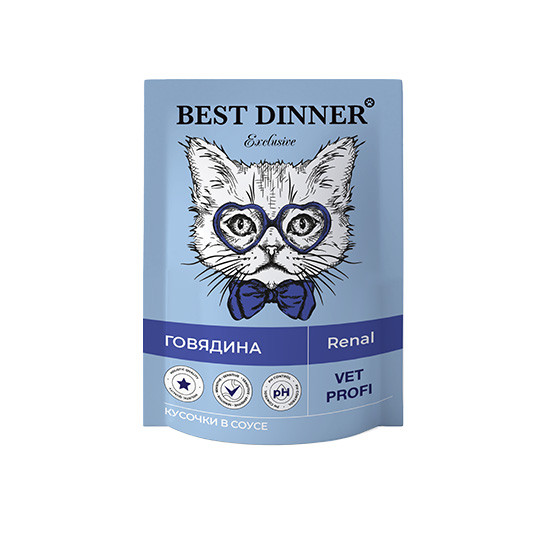 Ветеринарный влажный корм Best Dinner Exclusive Vet Profi Renal для кошек кусочки в соусе с Говядиной 85гр
