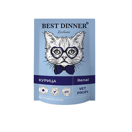 Ветеринарный влажный корм Best Dinner Exclusive Vet Profi Renal для кошек кусочки в соусе с Курицей 85гр.