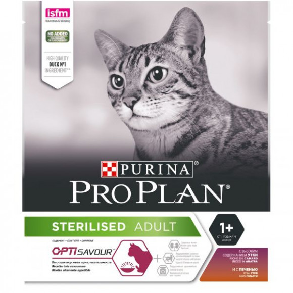 Корм Purina Pro Plan для стерилизованных кошек и кастрированных котов, с высоким содержанием утки и с печенью, 400гр