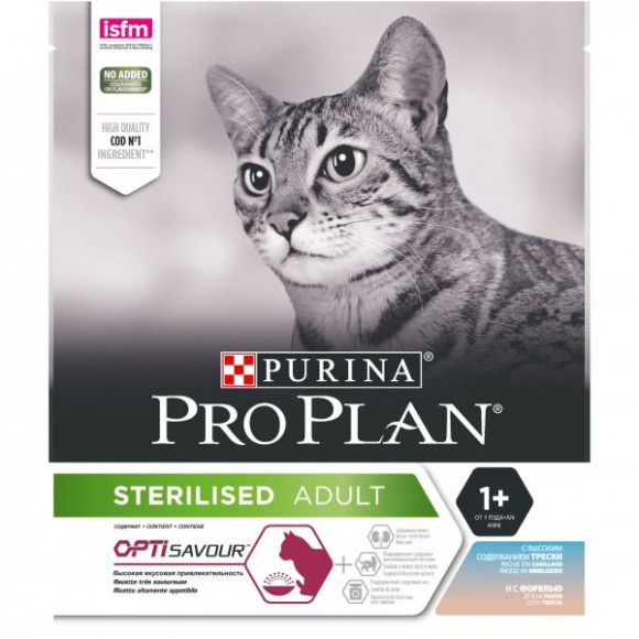 Корм Purina Pro Plan для стерилизованных кошек и кастрированных котов, треска и форель, 400гр