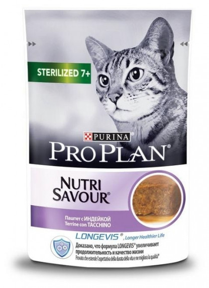 Влажный корм Purina Pro Plan Nutrisavour для стерилизованных кошек старше 7 лет, паштет с индейкой, Пауч, 85 г Влажный корм Purina Pro Plan Nutrisavour для стерилизованных кошек старше 7 лет, паштет с индейкой, Пауч, 85 г