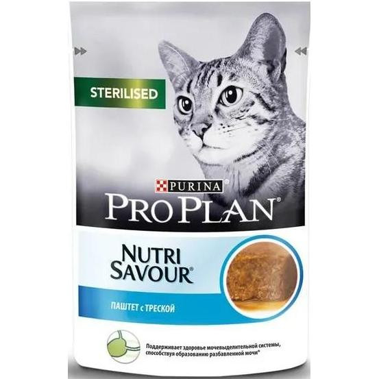 Влажный корм Purina Pro Plan NutriSavour для взрослых стерилизованных кошек, паштет с треской, Пауч, 85 г