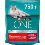 Корм Purina ONE для стерилизованных кошек и котов с говядиной и пшеницей, 750 г