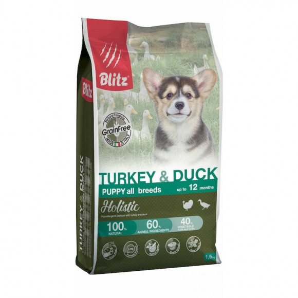 Корм BLITZ PUPPY TURKEY & DUCK беззерновой для щенков всех пород (ИНДЕЙКА, УТКА), 1,5 кг.
