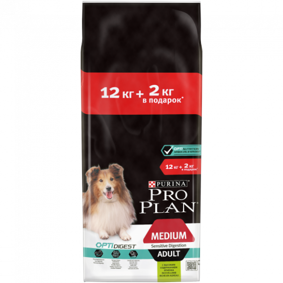 АКЦИЯ! Корм Purina Pro Plan для взрослых собак средних пород с чувствительным пищеварением с комплексом OPTIDIGEST, с ягненком и рисом, 12 кг + 2 кг В ПОДАРОК!