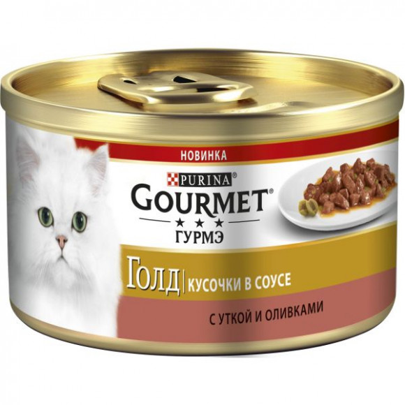 Консервы Purina Gourmet Gold кусочки для кошек, утка и оливки, банка, 85 г