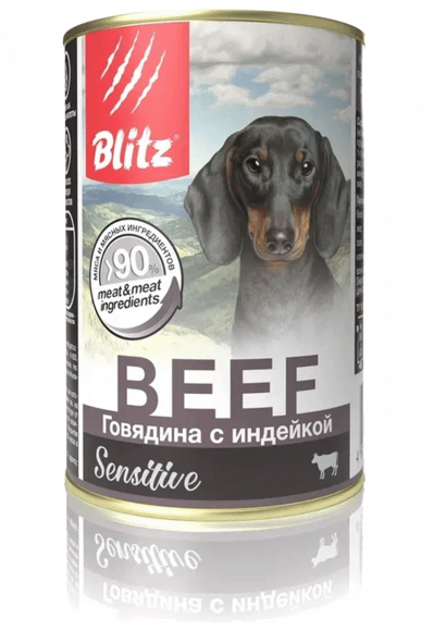 Консервы BLITZ BEEF для собак всех пород и возрастов (ГОВЯДИНА, ИНДЕЙКА), 400 г.